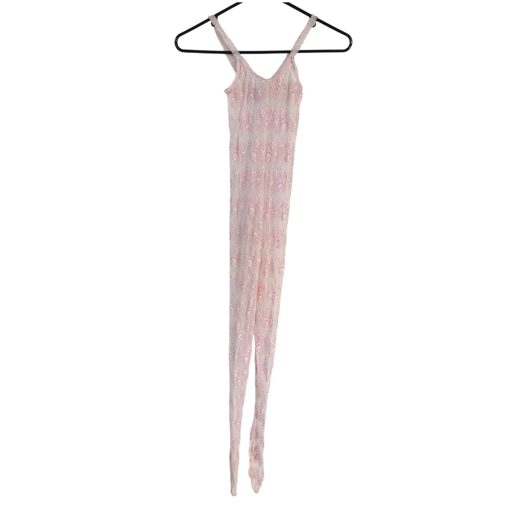 VTG 80s Guy Laroche Pink Floral Sheer Lace Footed Bodystocking Catsuit S‎ ILGWU